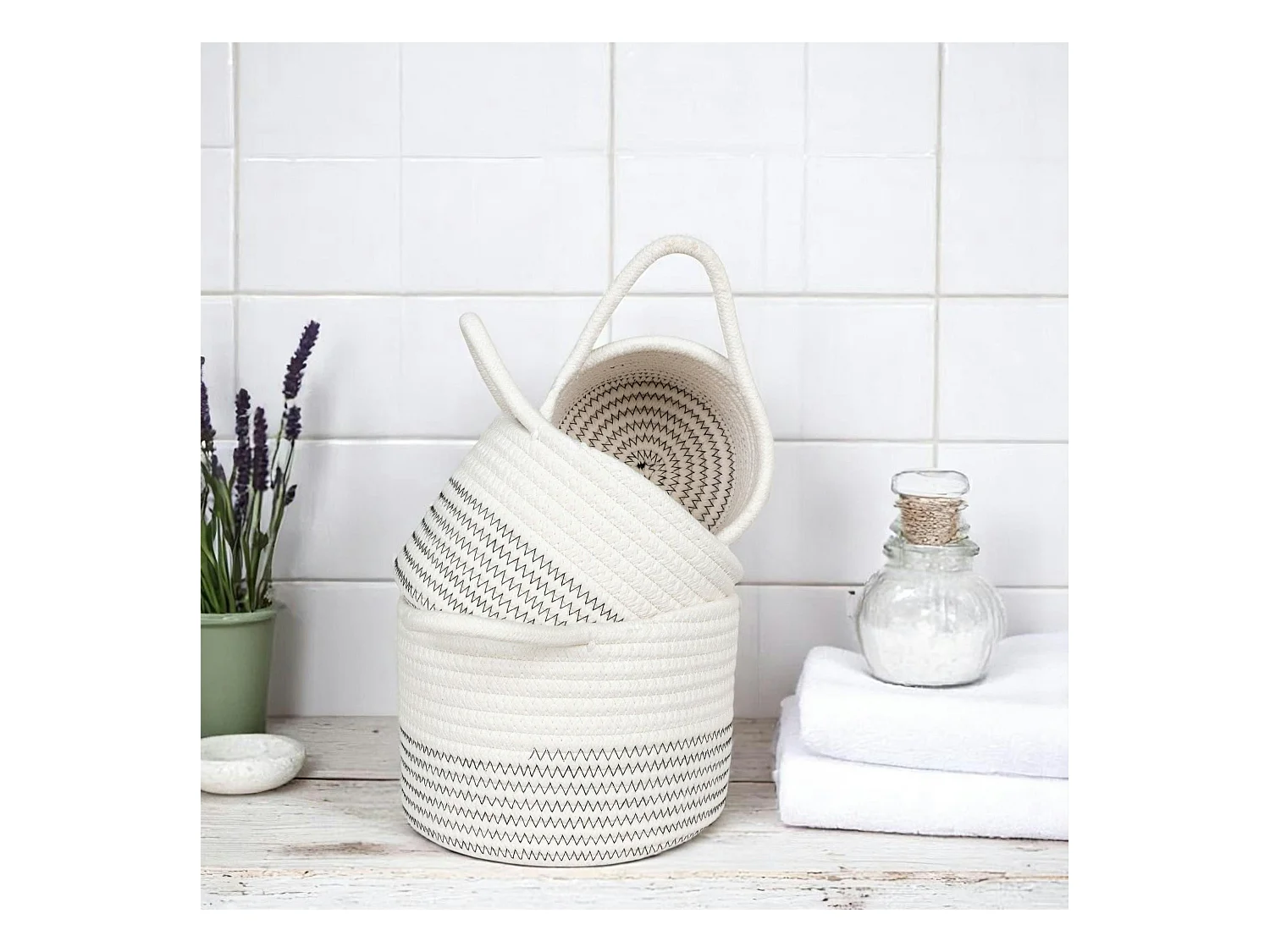 Panier de rangement en coton avec motif zigzag noir (lot de 3)
