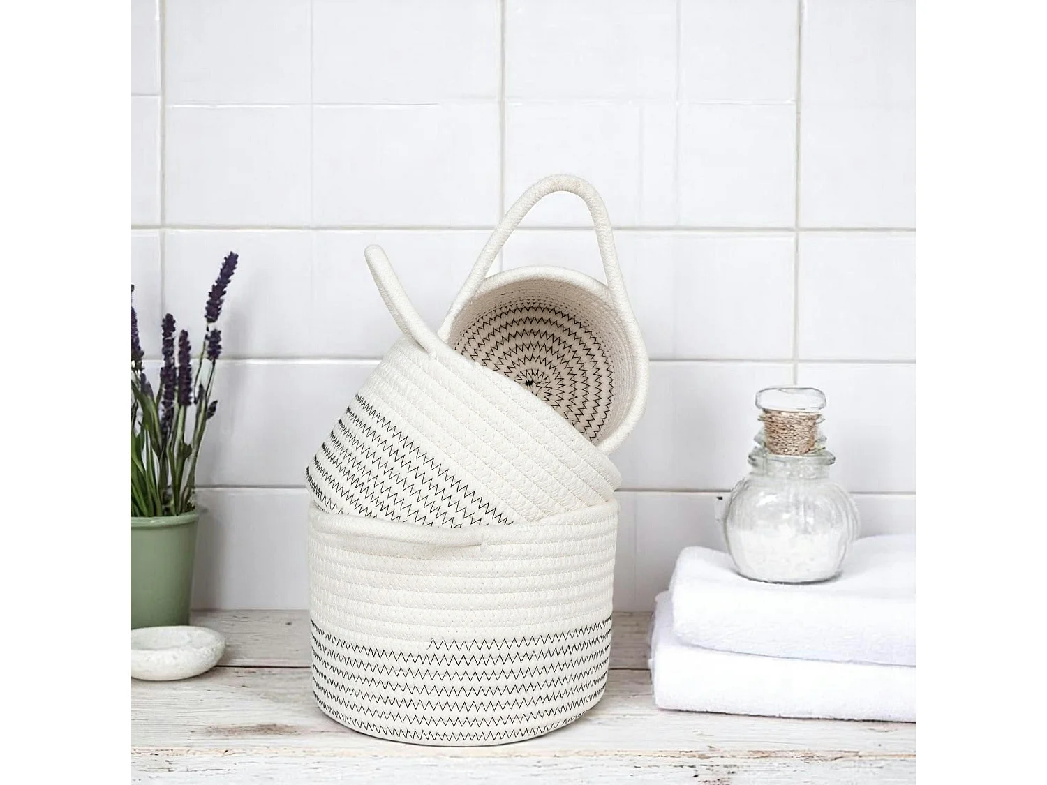 Panier de rangement en coton avec motif zigzag noir (lot de 3)