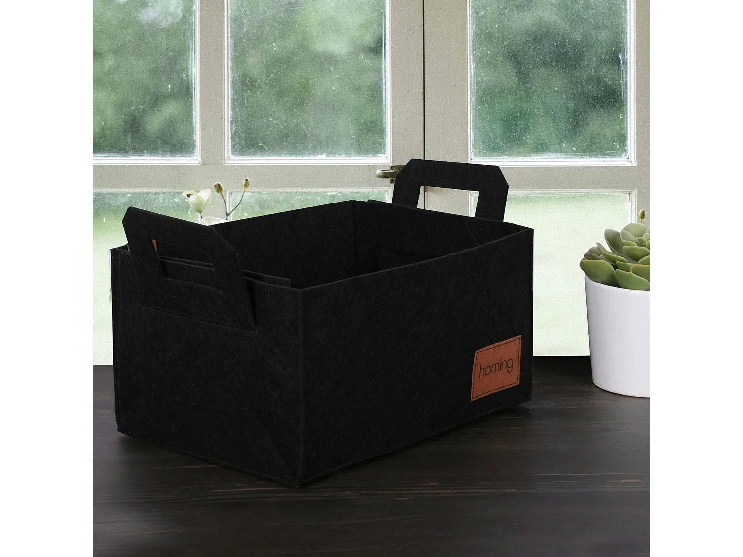 Panier de rangement noir en feutrine – avec poignées
