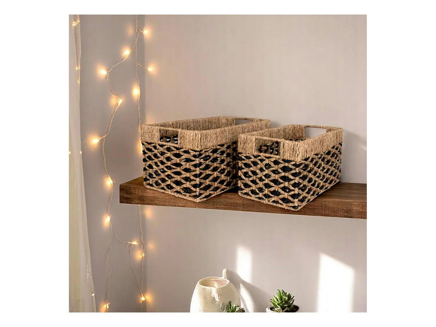Panier de rangement déco en jonc de mer noir et naturel (lot de 2)