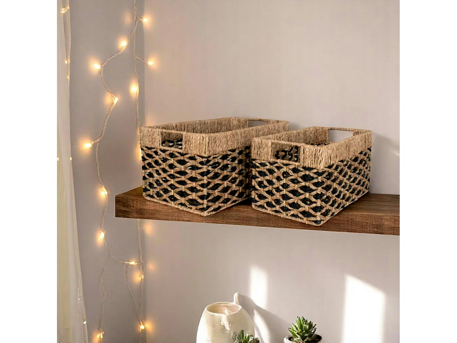 Panier de rangement déco en jonc de mer noir et naturel (lot de 2)