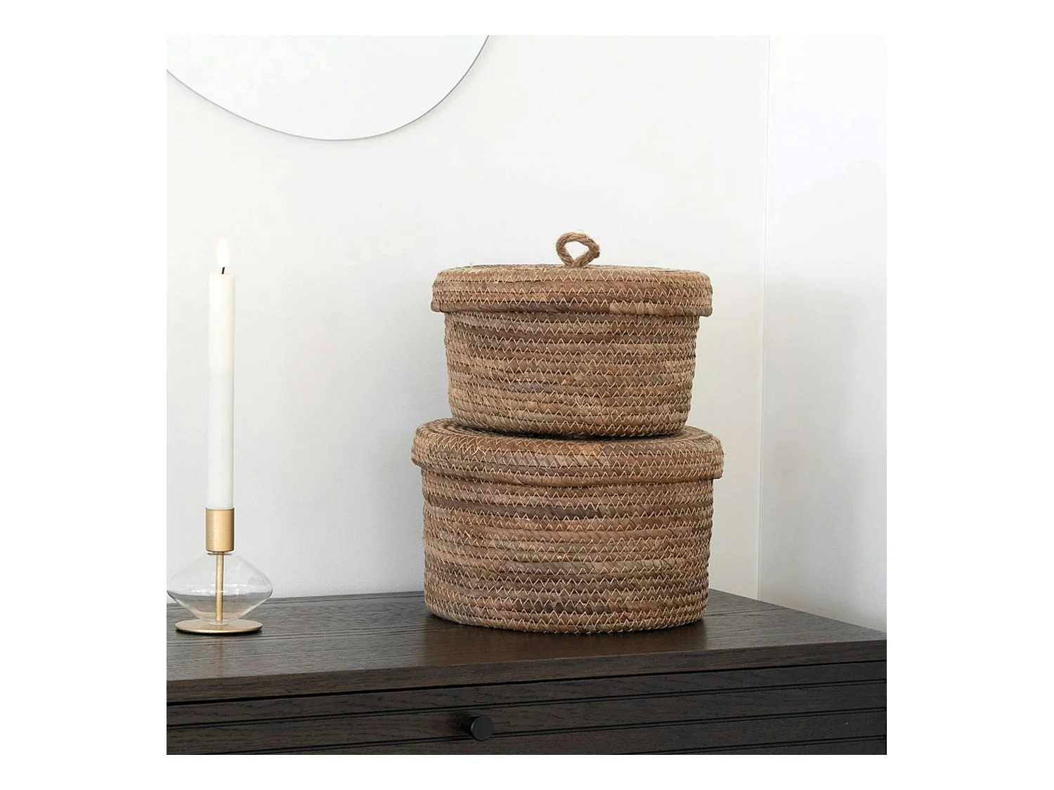 Petit panier de rangement rond en feuille de bananier avec couvercle (lot de 2)