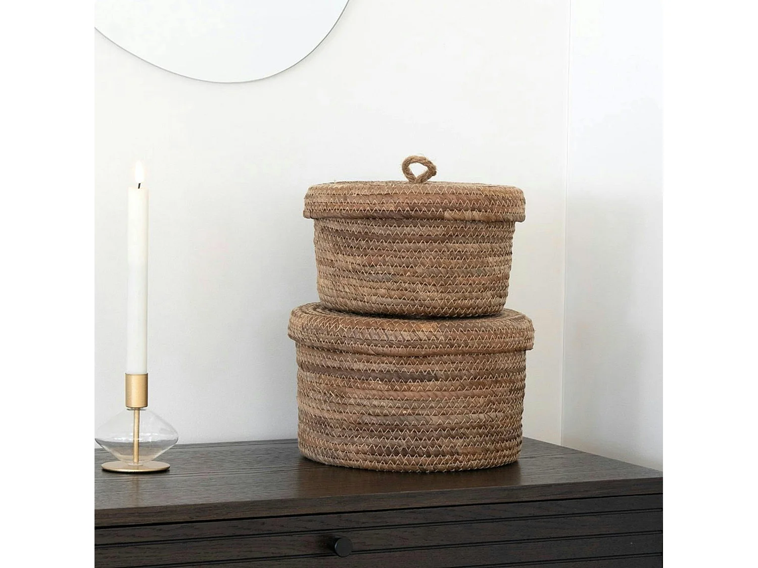 Petit panier de rangement rond en feuille de bananier avec couvercle (lot de 2)