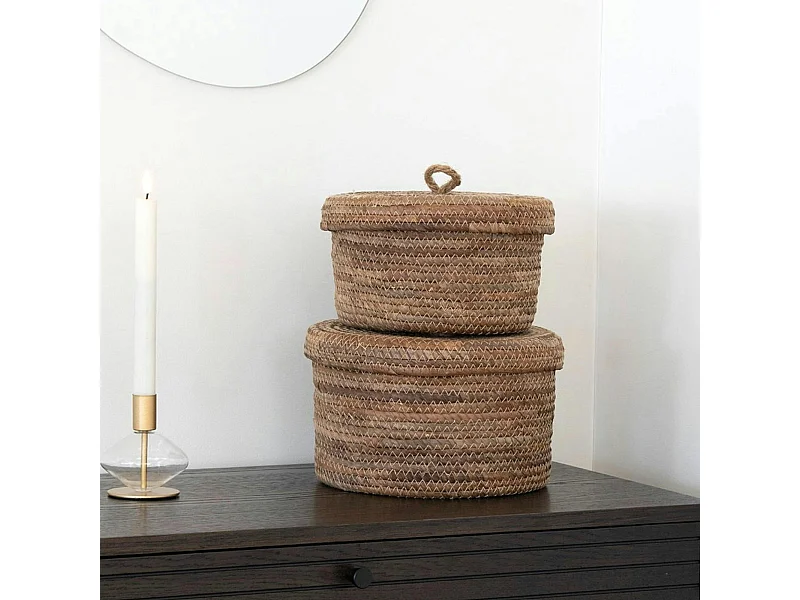 Petit panier de rangement rond en feuille de bananier avec couvercle (lot de 2)