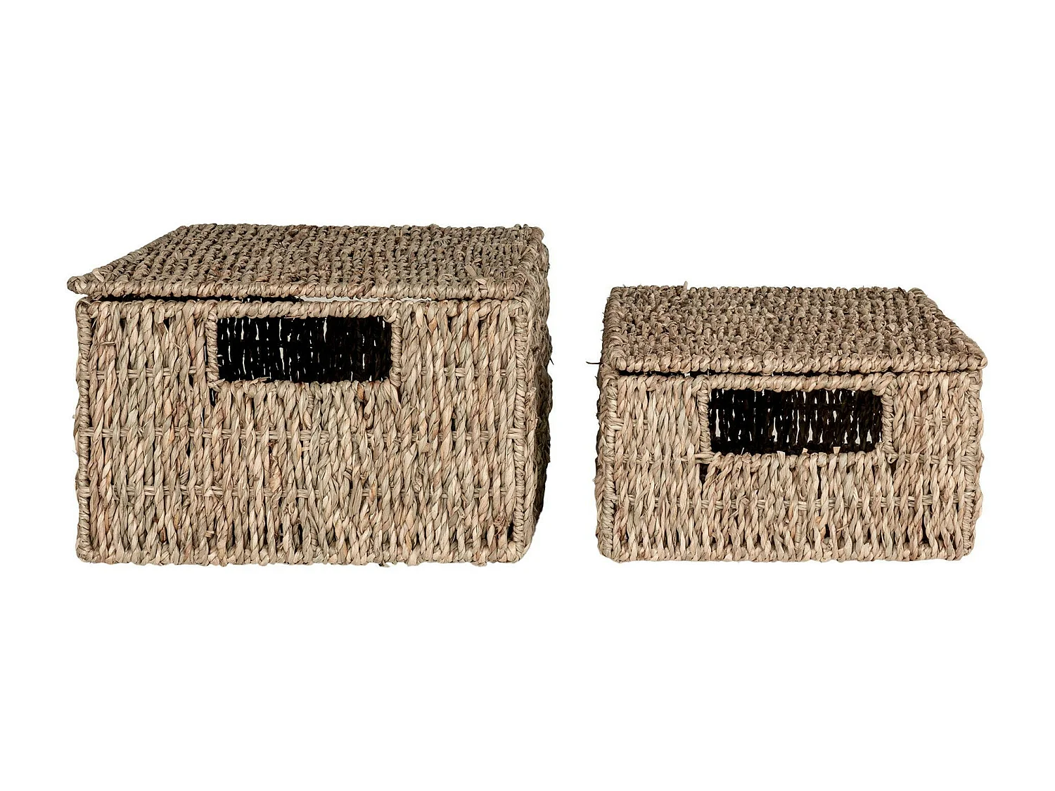 Panier de rangement avec poignées et couvercle en jonc de mer (lot de 2)