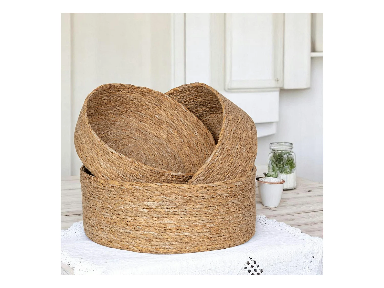 Petit panier de rangement rond en jonc de mer (lot de 3)