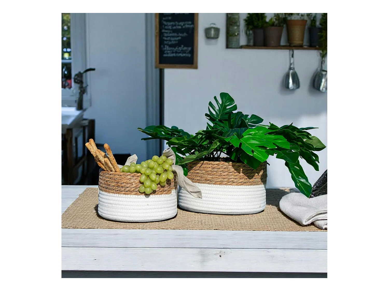 Panier de rangement rond en coton et fibre naturelle tressée (lot de 2)