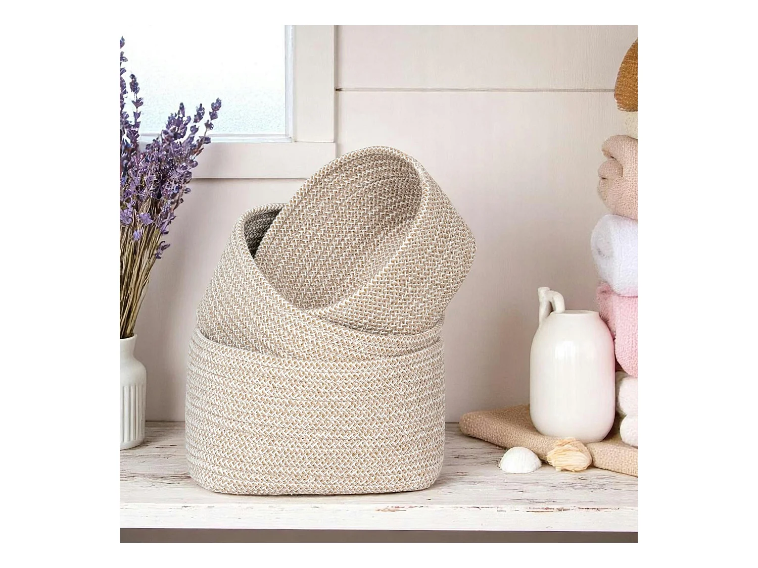 Panier de rangement en coton beige, tressage bicolore (lot de 3)