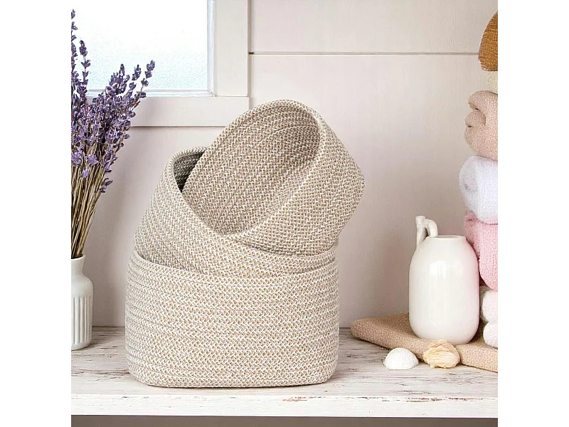 Panier de rangement en coton beige, tressage bicolore (lot de 3)