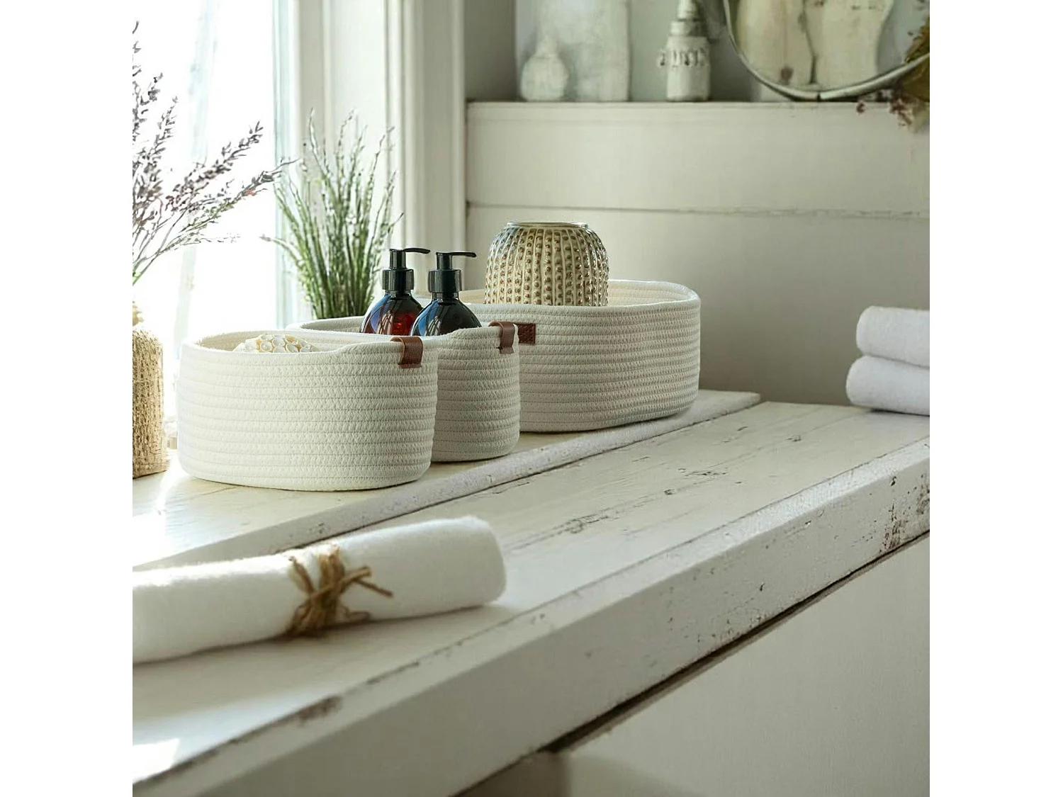 Panier de rangement en coton avec poignées marron (lot de 3)