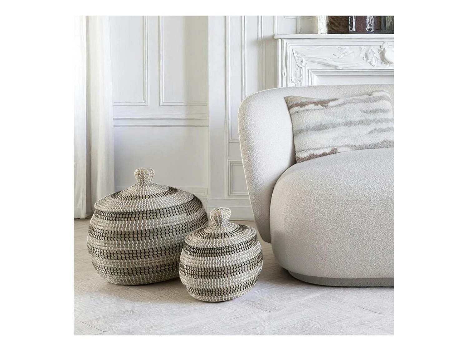 Panier de rangement déco forme ronde avec couvercle (lot de 2)