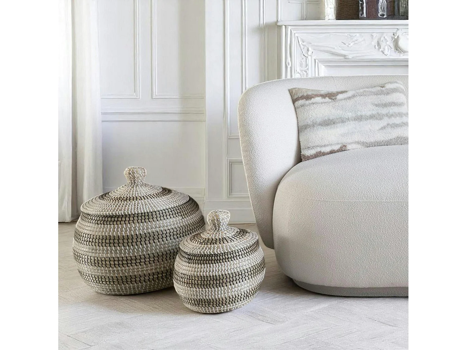 Panier de rangement déco forme ronde avec couvercle (lot de 2)