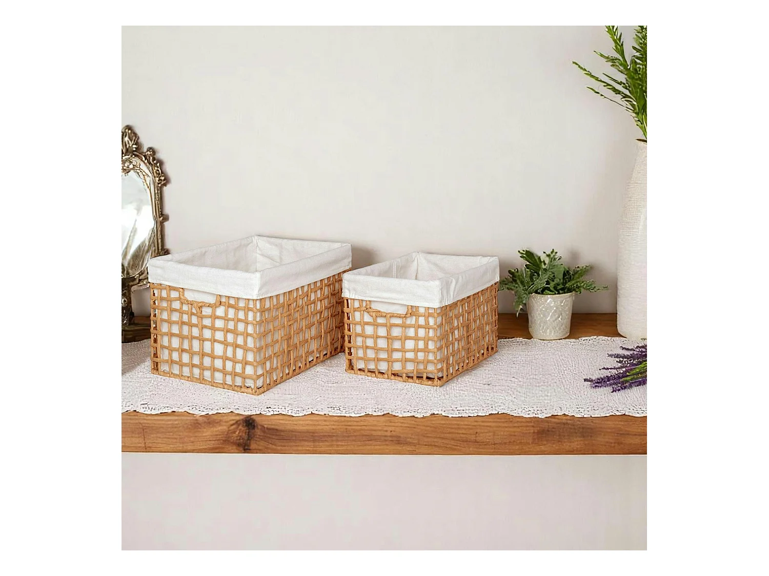 Panier de rangement avec poignées et doublure tissu (lot de 2)