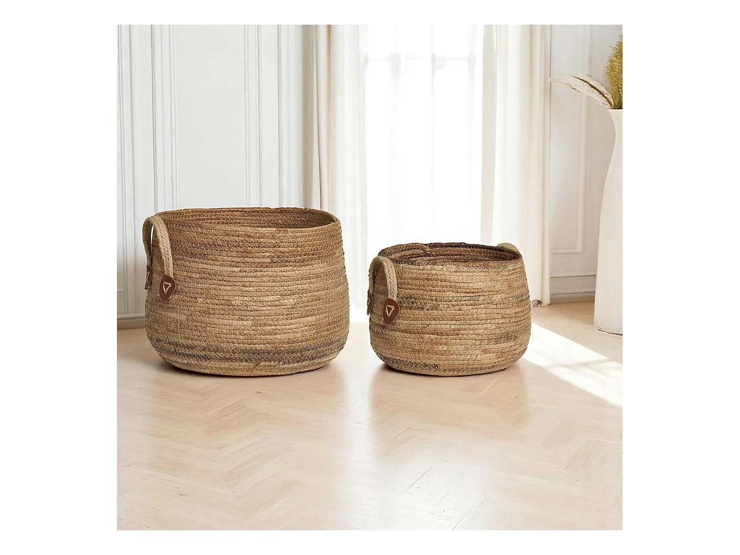 Panier de rangement rond avec poignées, en feuille de bananier (lot de 2)