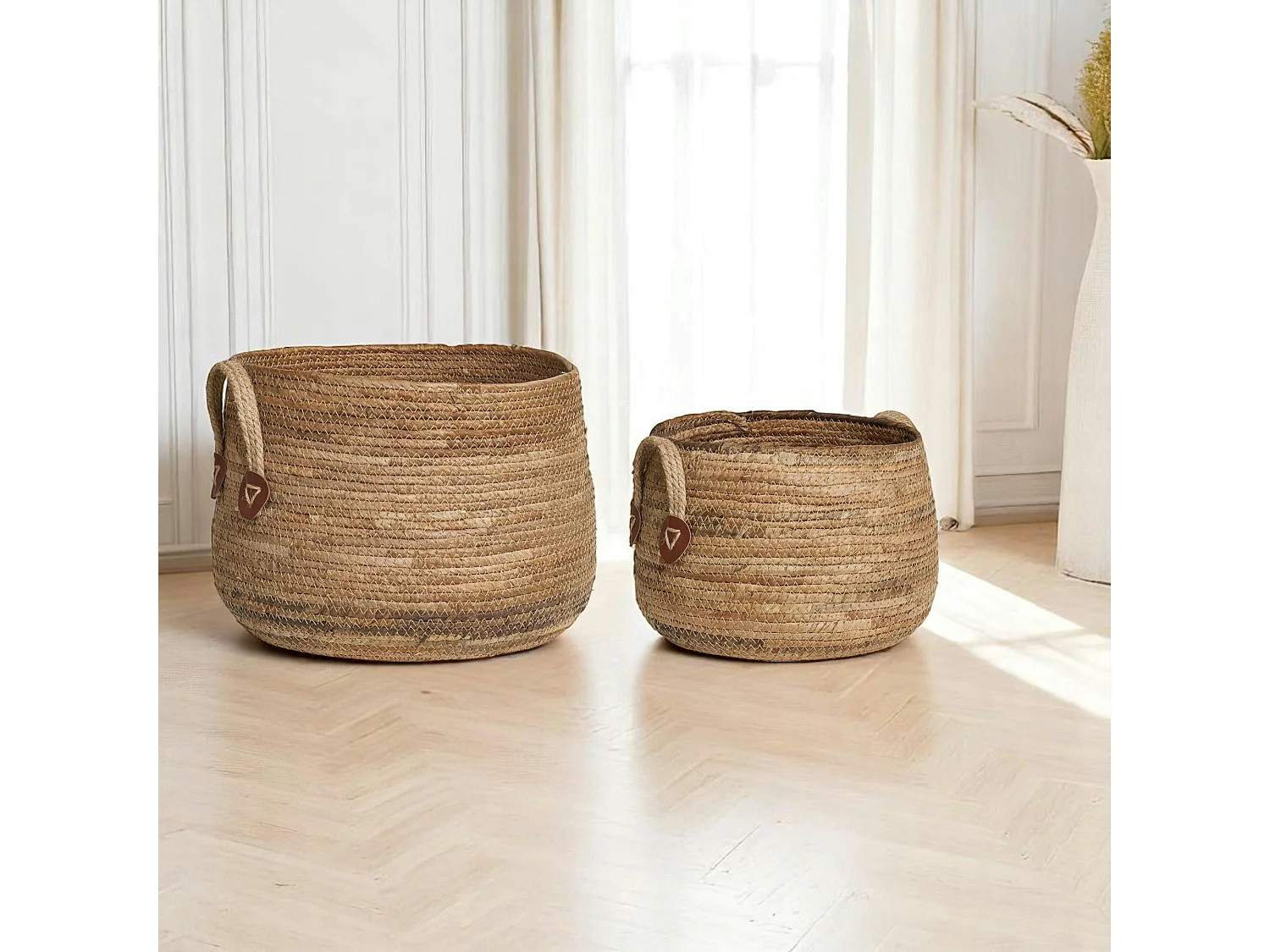 Panier de rangement rond avec poignées, en feuille de bananier (lot de 2)