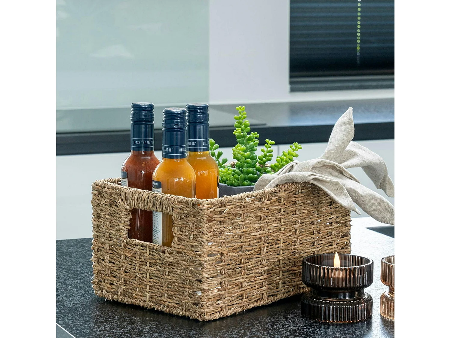 Panier de rangement avec poignées, tressage en jonc de mer (lot de 2)