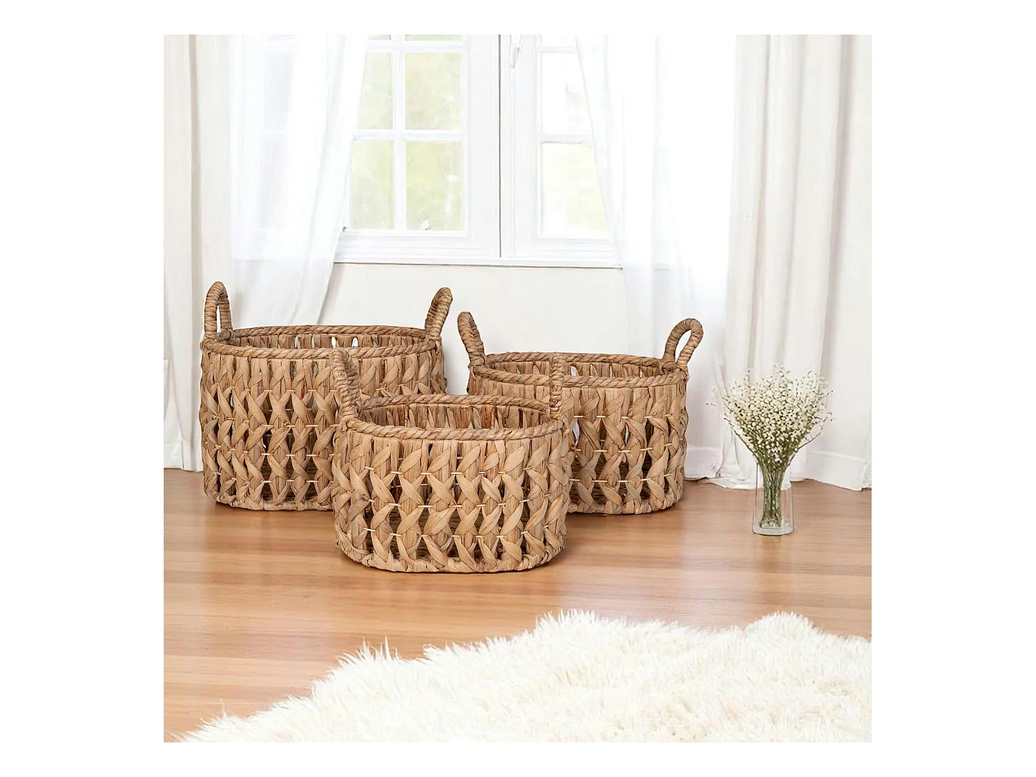 Panier de rangement en jacinthe d'eau, motif tresse (lot de 3)