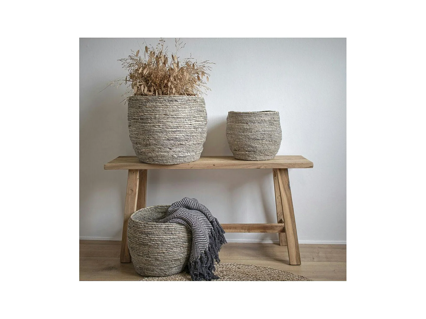 Panier de rangement rond en fibre de maïs, couleur grise (lot de 3)