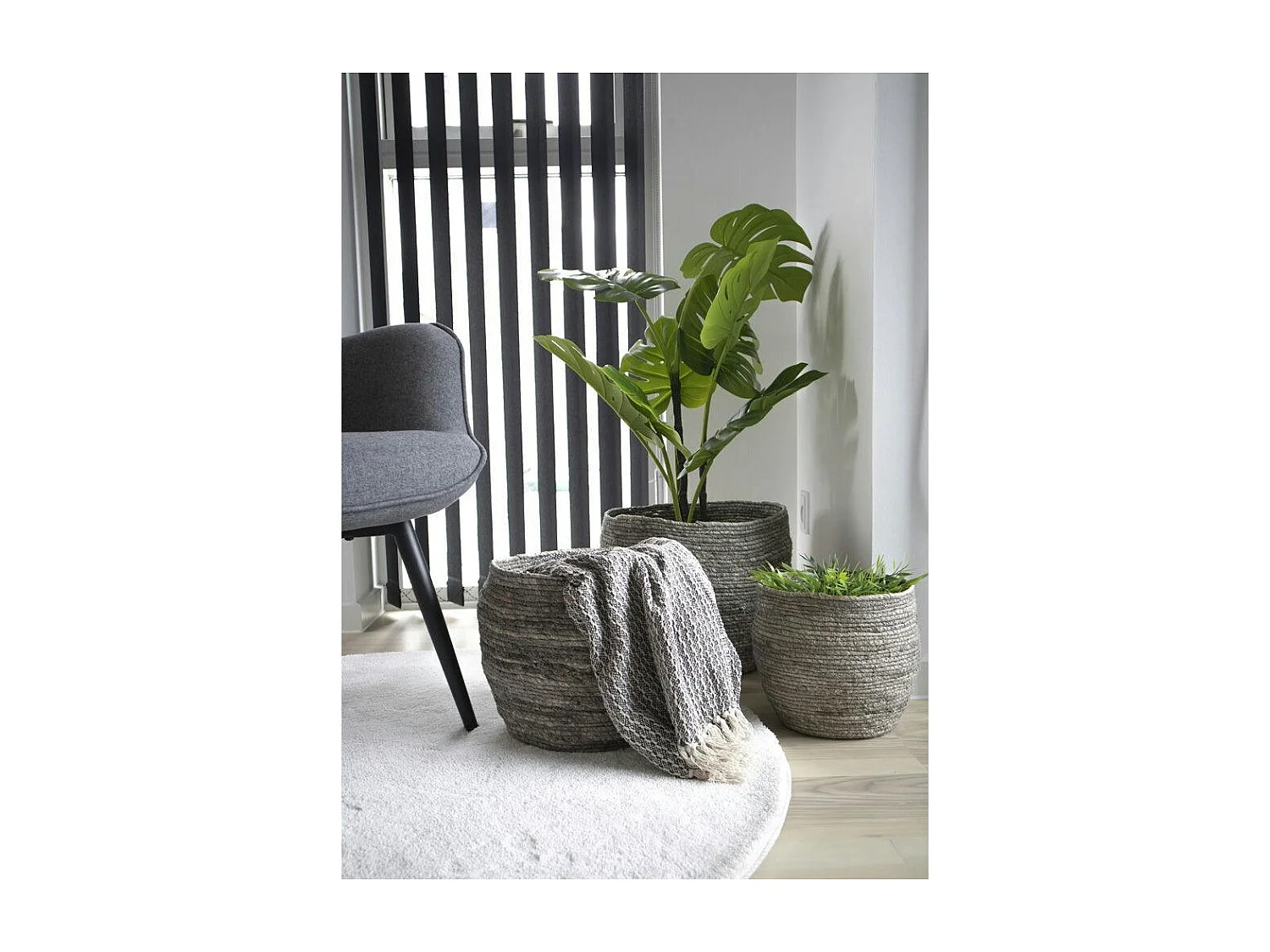 Panier de rangement rond en fibre de maïs, couleur grise (lot de 3)