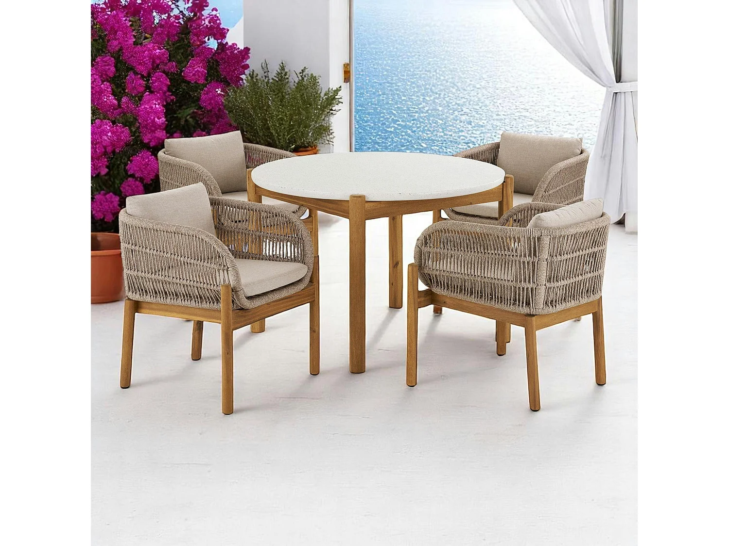 Salon de jardin en bois d'acacia et corde tressée (1 table de jardin ø120 cm et 4 sièges) MENDOZA