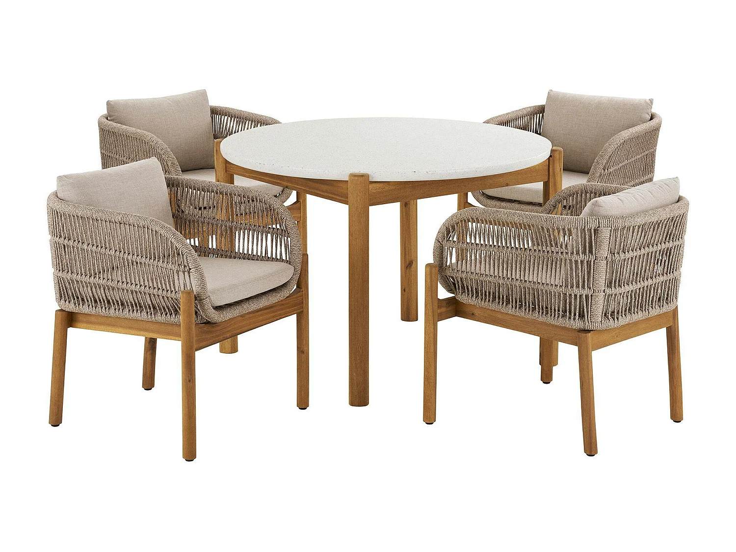 Salon de jardin en bois d'acacia et corde tressée (1 table de jardin ø120 cm et 4 sièges) MENDOZA