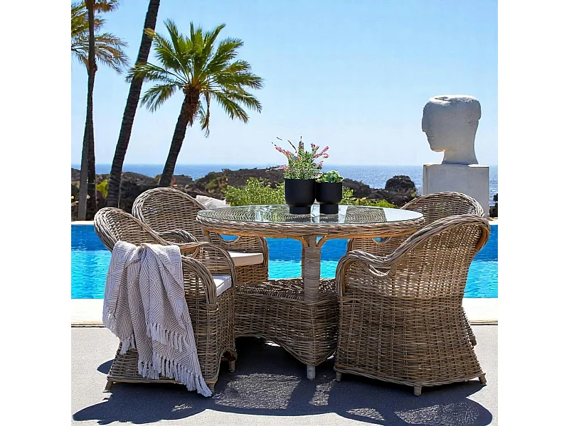 Salon de jardin en rotin gris (1 table ronde ø120 cm, 4 fauteuils de jardin) MENDOZA