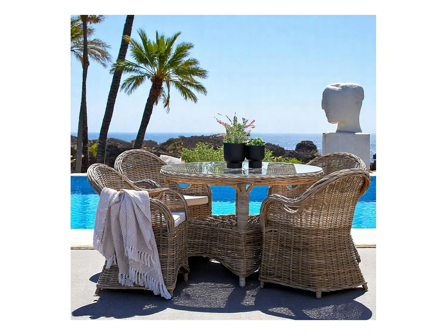 Salon de jardin en rotin gris (1 table ronde ø120 cm, 4 fauteuils de jardin) MENDOZA