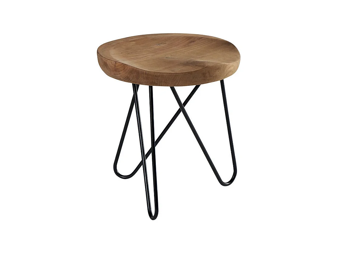 Tabouret en teck massif avec 3 pieds en épingle métal noir D40xH43cm TOWN