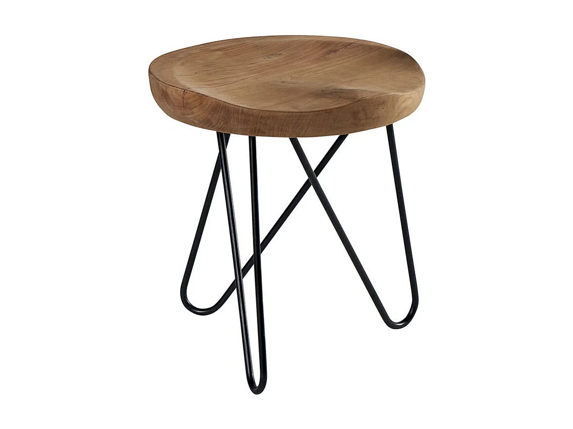 Tabouret en teck massif avec 3 pieds en épingle métal noir D40xH43cm TOWN
