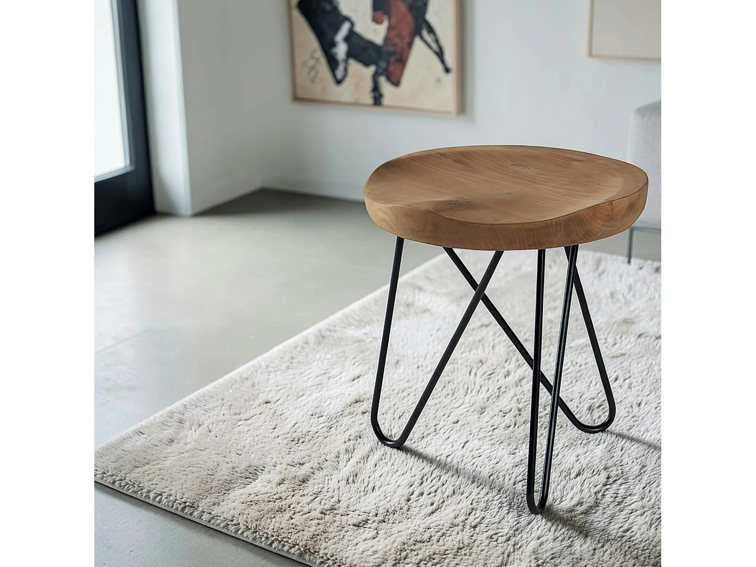 Tabouret en teck massif avec 3 pieds en épingle métal noir D40xH43cm TOWN