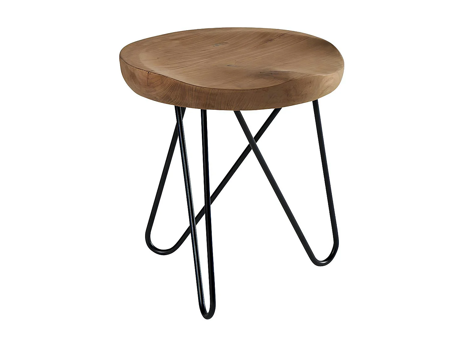 Tabouret en teck massif avec 3 pieds en épingle métal noir D40xH43cm TOWN