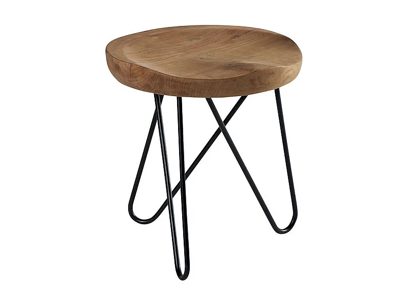 Tabouret en teck massif avec 3 pieds en épingle métal noir D40xH43cm TOWN