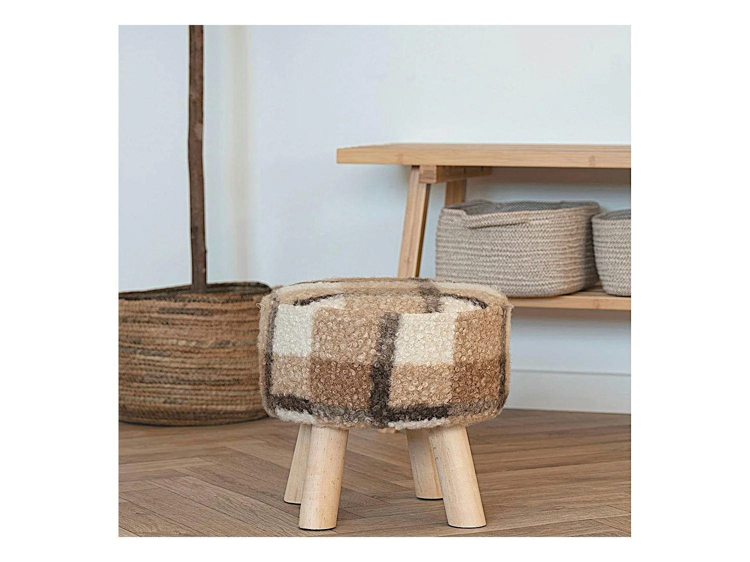 Tabouret rond en bois de teck brun en fausse fourrure - 4 pieds ARIZONA