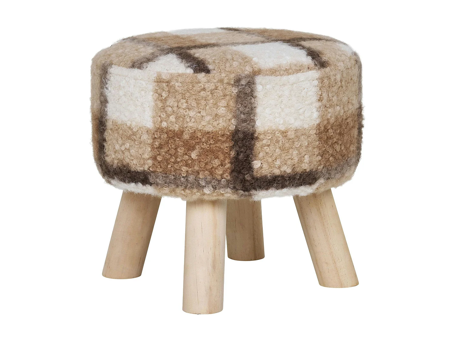 Tabouret rond en bois de teck brun en fausse fourrure - 4 pieds ARIZONA