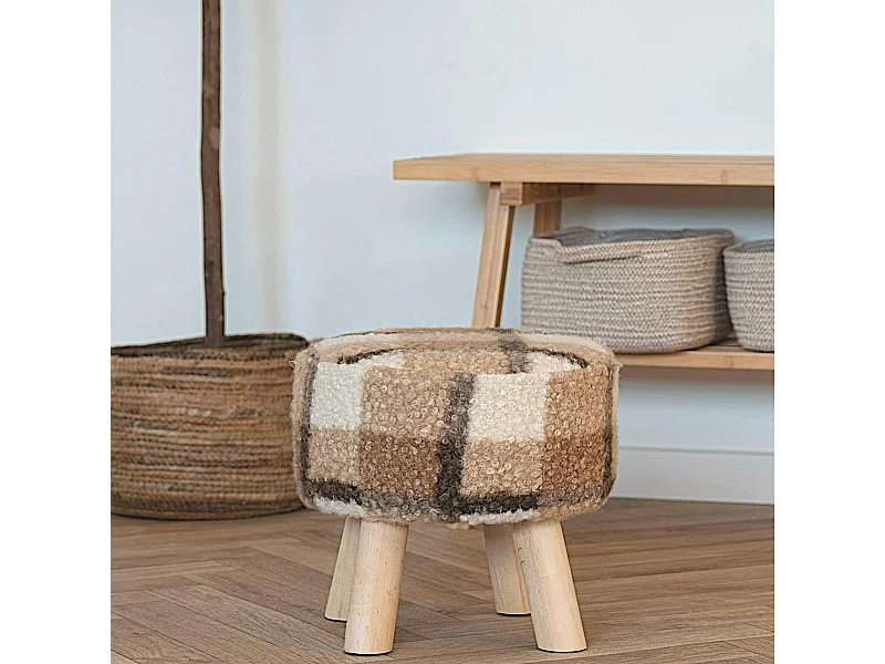 Tabouret rond en bois de teck brun en fausse fourrure - 4 pieds ARIZONA