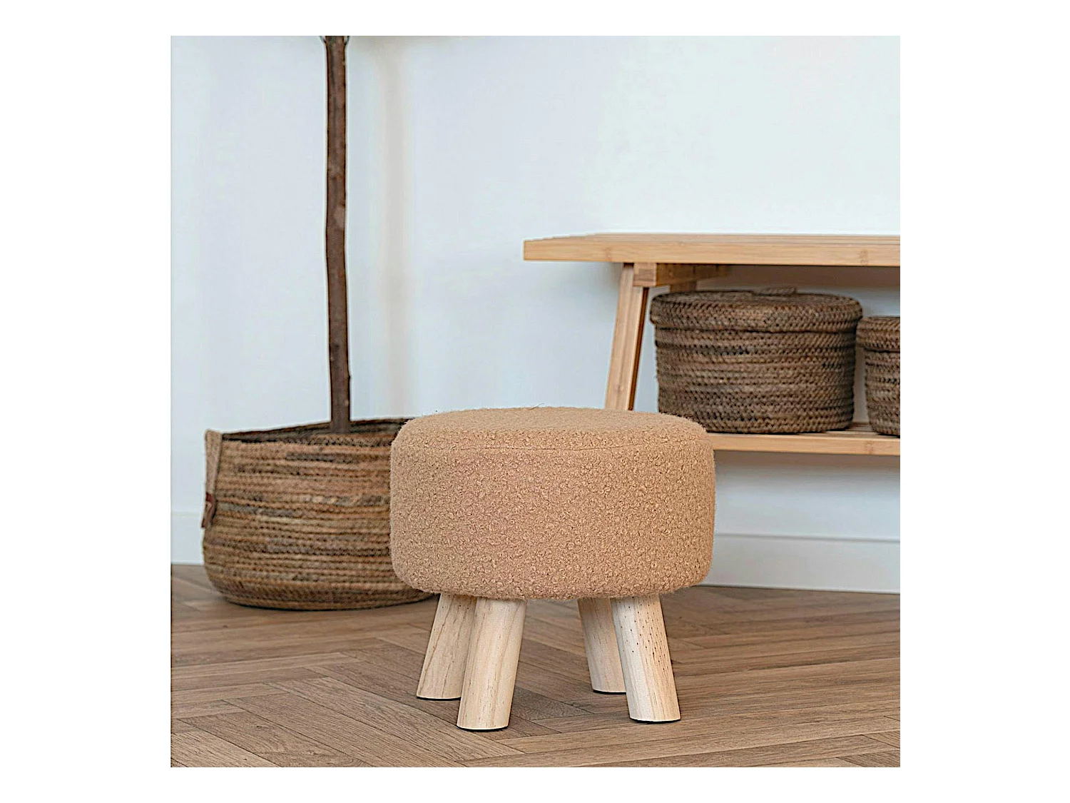 Tabouret rond en teck et fausse fourrure beige - 4 pieds ARIZONA