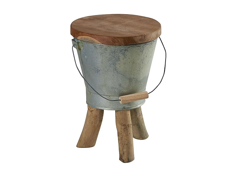 Tabouret "Seau" avec anse en teck massif naturel et zinc D31cmxH45cm TOWN