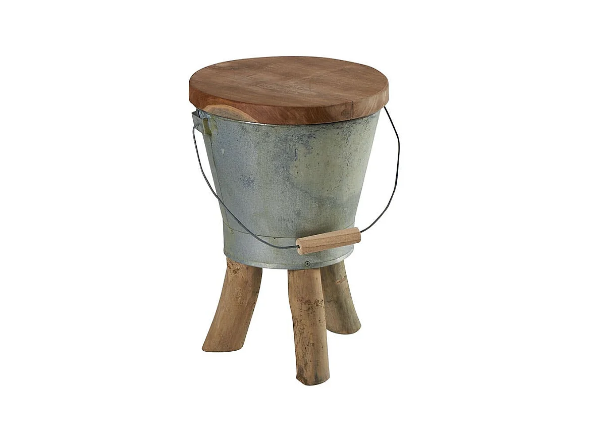 Tabouret "Seau" avec anse en teck massif naturel et zinc D31cmxH45cm TOWN