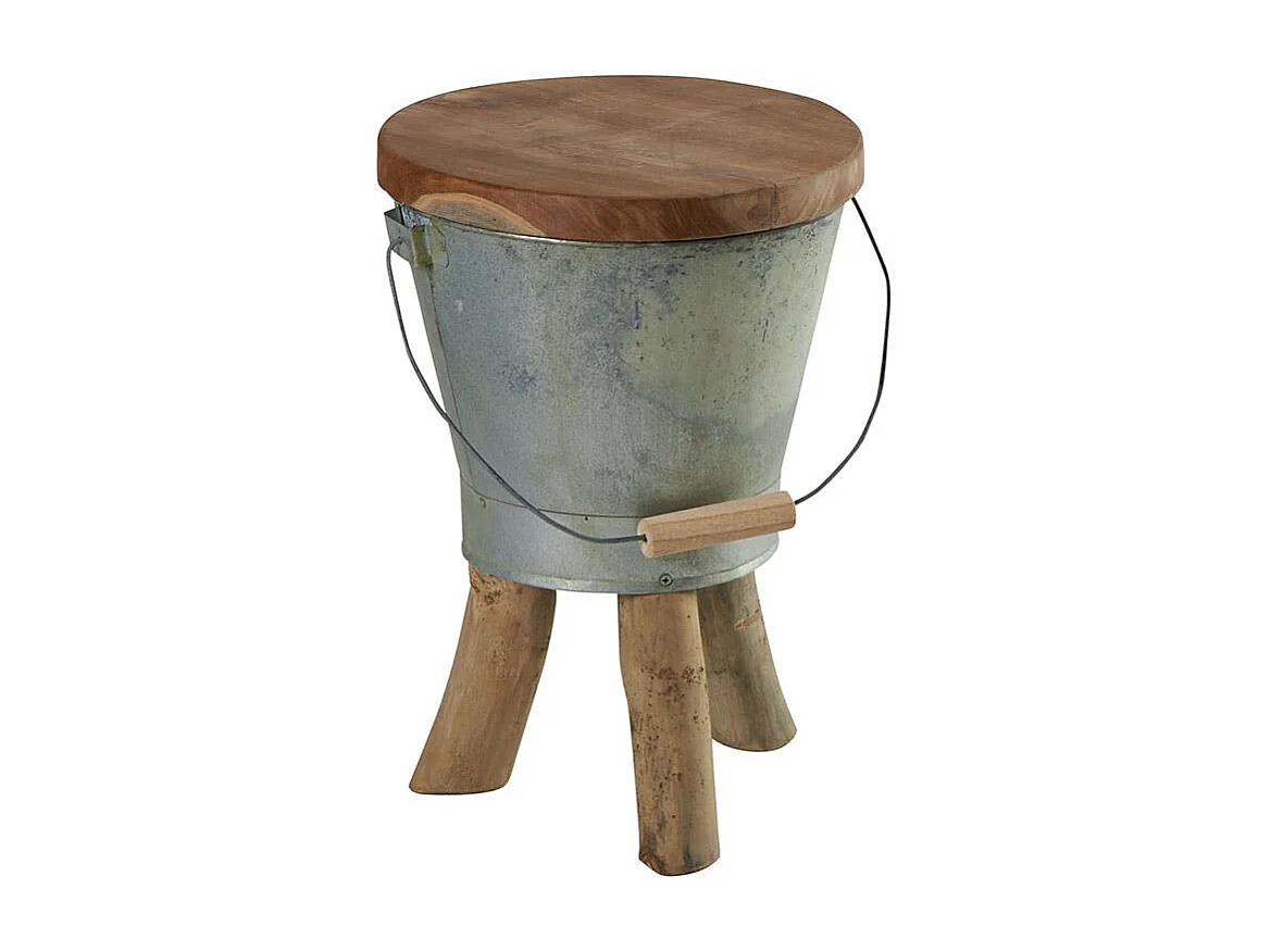Tabouret "Seau" avec anse en teck massif naturel et zinc D31cmxH45cm TOWN