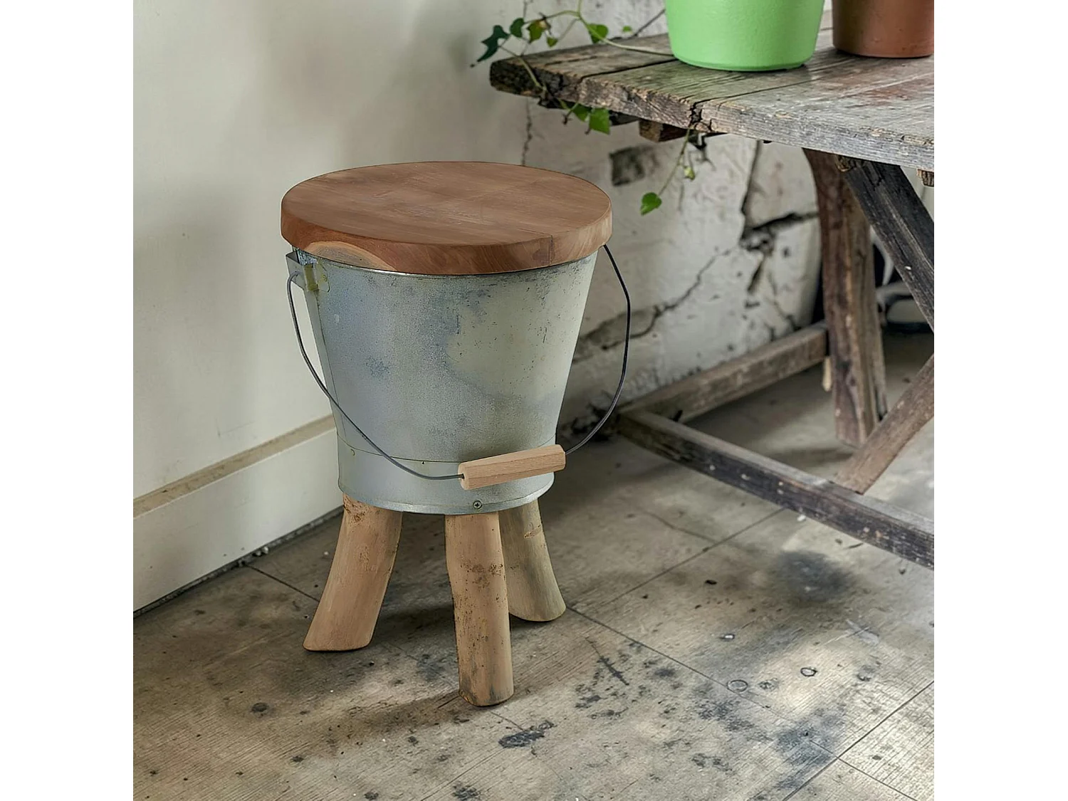 Tabouret "Seau" avec anse en teck massif naturel et zinc D31cmxH45cm TOWN