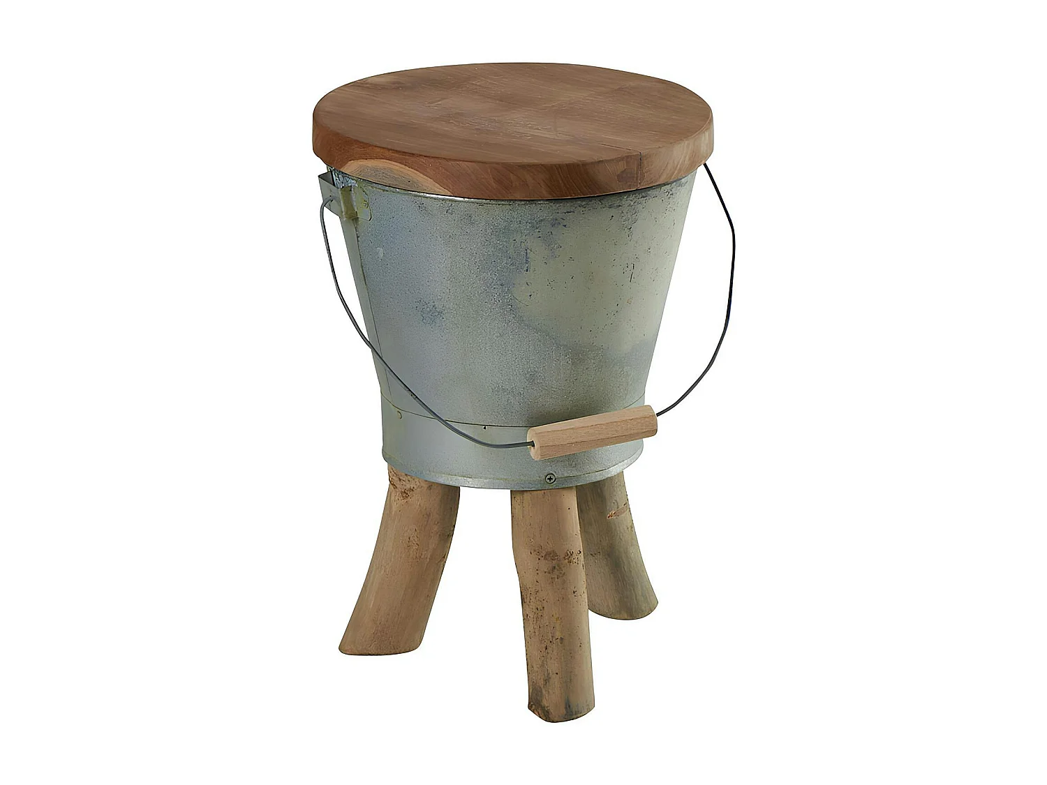Tabouret "Seau" avec anse en teck massif naturel et zinc D31cmxH45cm TOWN