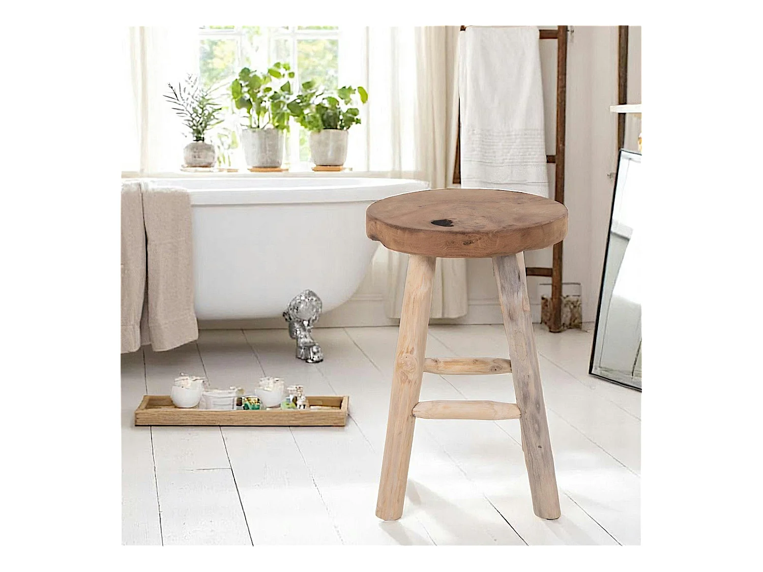 Tabouret rond en bois de teck avec 4 pieds - style campagne ARIZONA