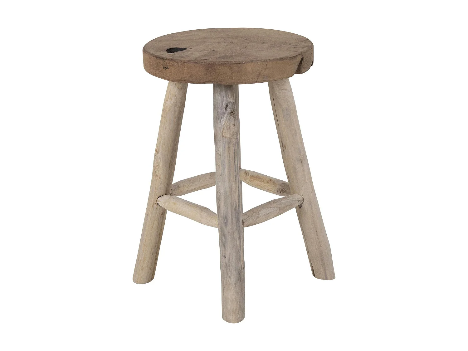 Tabouret rond en bois de teck avec 4 pieds - style campagne ARIZONA