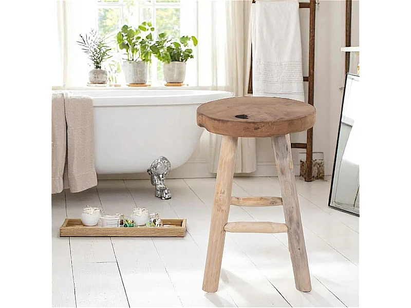 Tabouret rond en bois de teck avec 4 pieds - style campagne ARIZONA