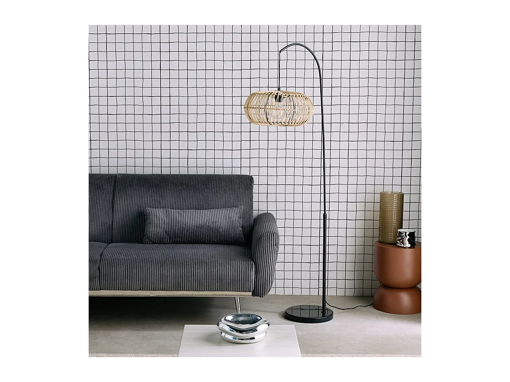 Lampadaire intérieur exotique rotin naturel métal et pierre effet marbre H170cm Diego