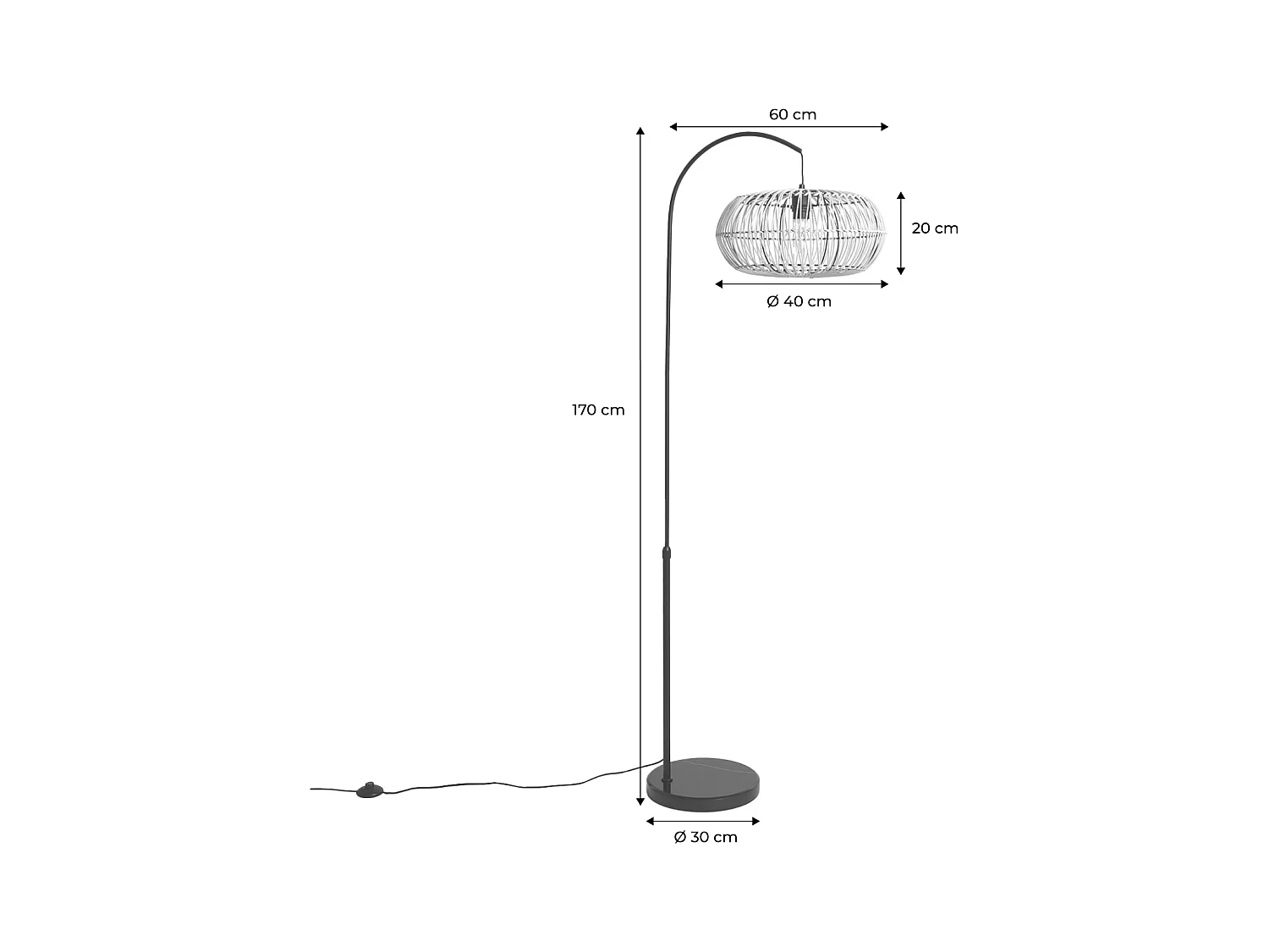 Lampadaire intérieur exotique rotin naturel métal et pierre effet marbre H170cm Diego