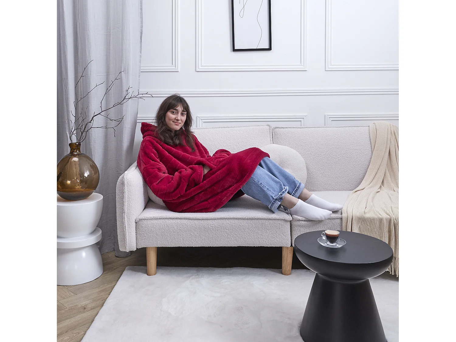 Sweat Plaid Fausse Fourrure Rouge, Blanc