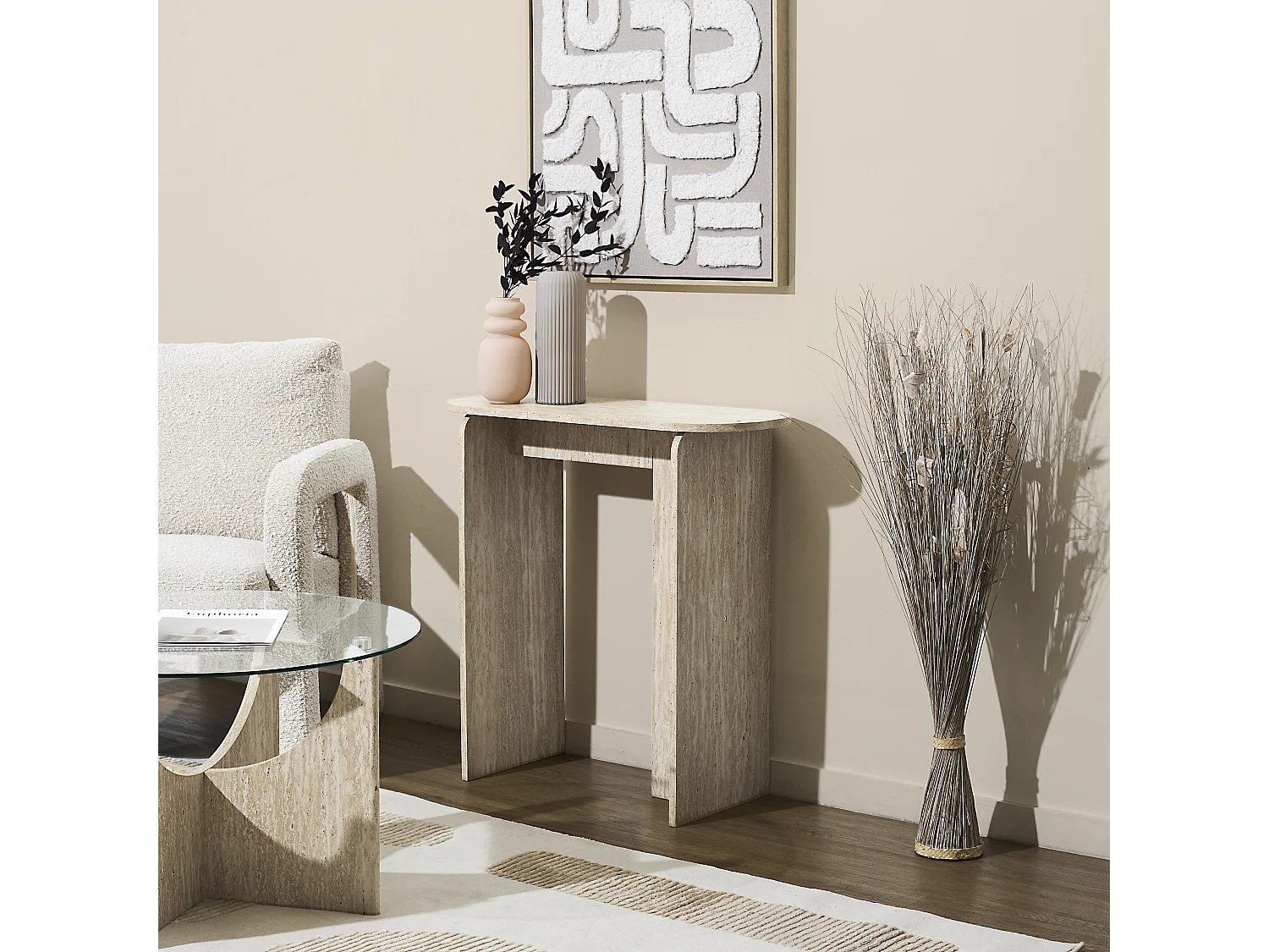 Console Pietra Effet Pierre Travertin Blanc, Beige