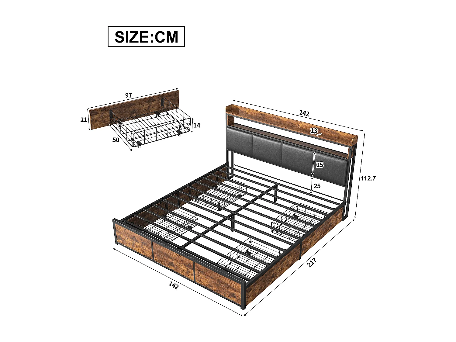 180x200 cm tweepersoonsbed Met metalen frame, matzwart PU hoofdbord met tijgerpatroon en geïntegreerde ledverlichting