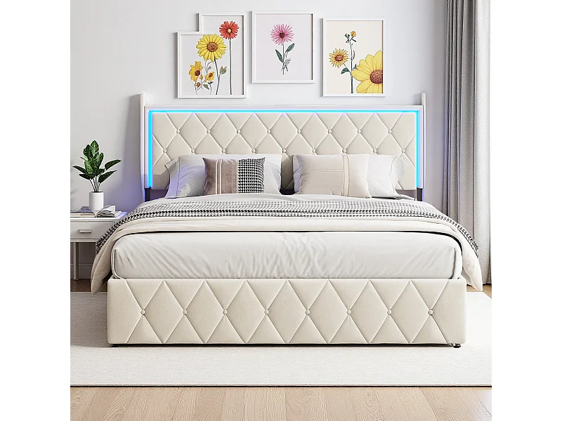 Cama con canapé. Cama de terciopelo beige de 140 x 200 cm con iluminación LED integrada y puertos de carga - Diseño moderno y funcional